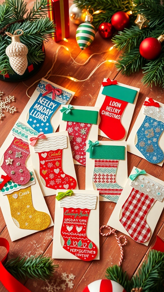 Handmade Christmas stocking cards with colorful designs on a festive table.
